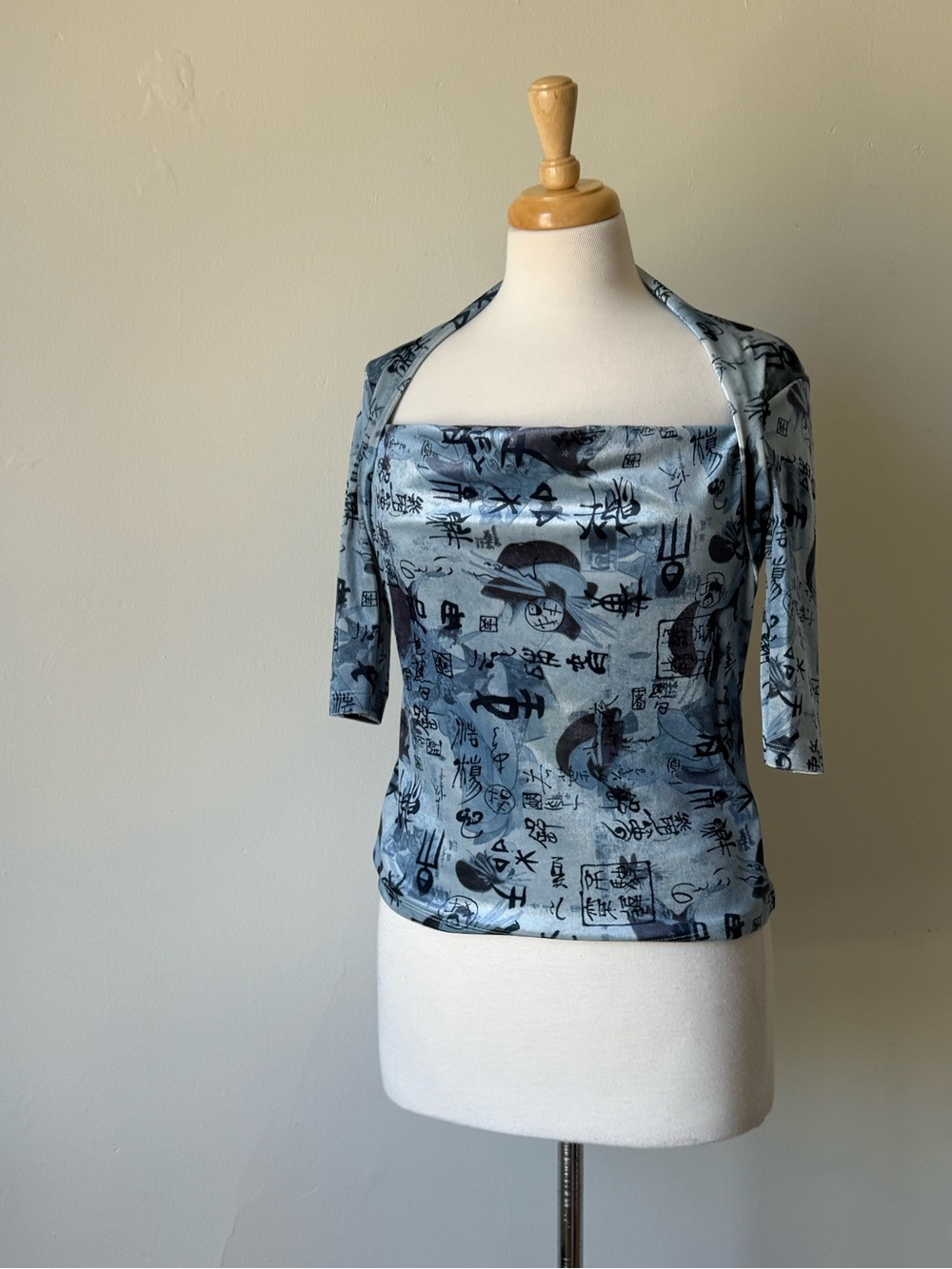 Y2K Mesh Script Print Top with Attached Shrug Blue Gray Fairy Grunge